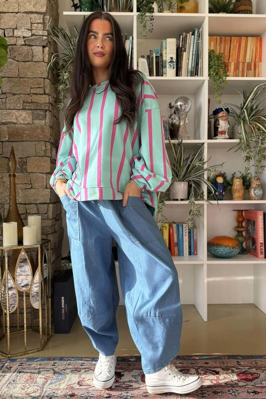 Scamp Lantern Sweatshirt Vertical Stripe Sage & Hot Pink